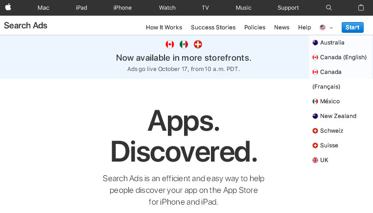 苹果Search Ads全面进军非英语国家，新增加拿大、墨西哥、瑞士